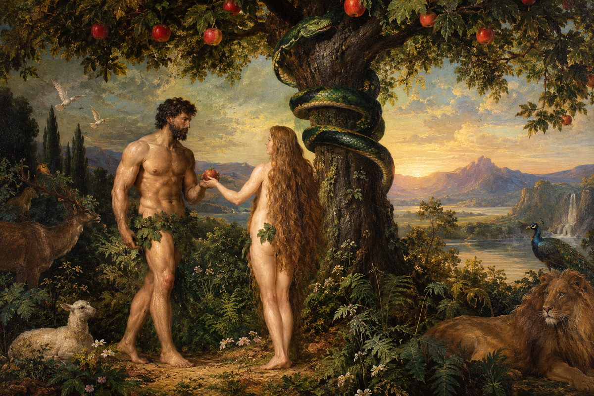 Artistic interpretation of Adam and Eve in the Garden of Eden